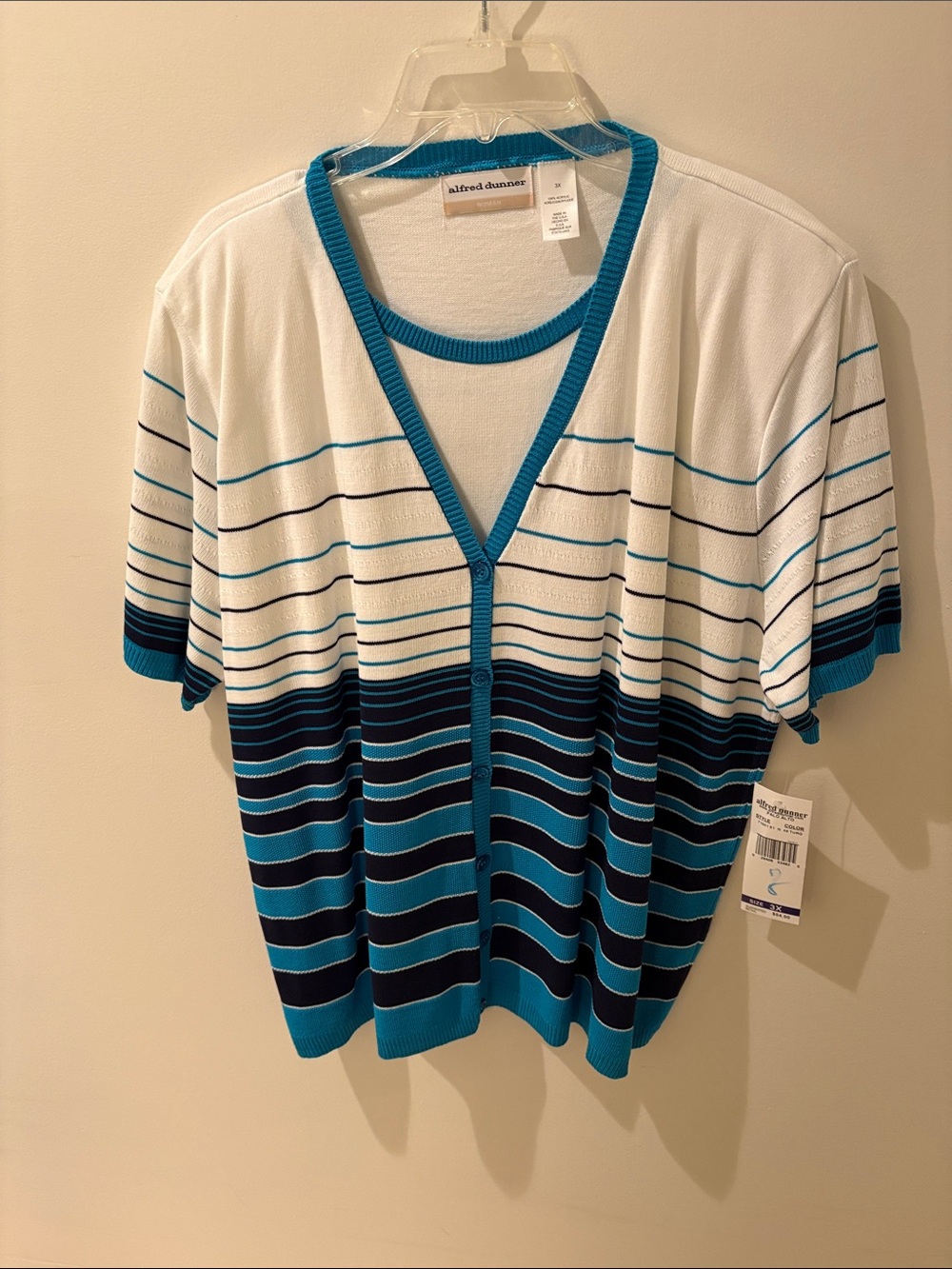 Alfred Dunner White, Teal & Navy Striped Button-Front Top